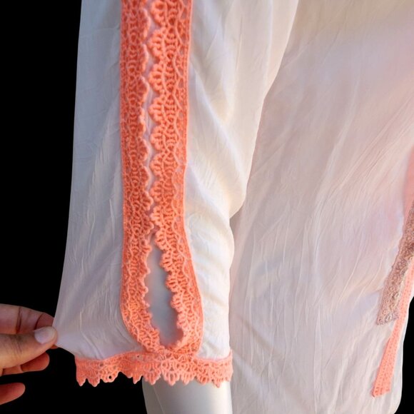 Johnny Was Size M Sheer White Boho Tunic Top Long Sleeves with Orange Lace - Picture 8 of 10